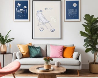 Set di 3 quadri da parete con soggetto spiaggia, stampa costiera blu navy, arte da spiaggia, decorazioni per Airbnb, download digitale immediato