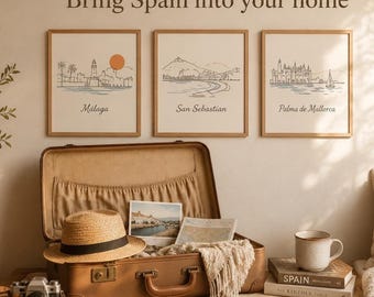 Set di acquerelli di città spagnole, decorazioni murali per soggiorno, decorazioni mediterranee stampabili, decorazioni per Airbnb, download digitale