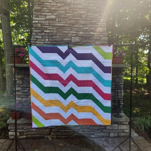 Handmade Rainbow Zigzag Quilt: Modern Cotton Throw, 52&quot; x 52&quot;