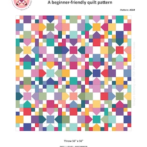 Könnte beinhalten: Ein Anfänger-Quiltmuster namens "Confetti Garden" mit einem sich wiederholenden Muster aus Quadraten und Rauten in verschiedenen Farben. Die fertige Decke hat eine Größe von 142 cm x 142 cm. Das Muster ist von Straight Stitching.