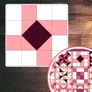 May include: A square quilt block design featuring a central dark burgundy diamond shape surrounded by pink and white squares. A circular inset shows additional quilt block patterns in similar colors.