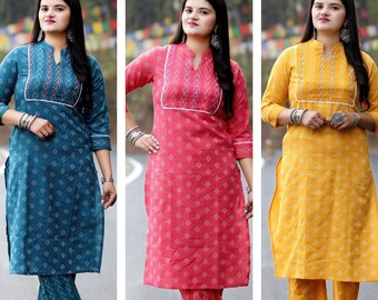 Handgefertigtes indisches Baumwoll-Kombi-Set, Kantha-Arbeits-Kurta-Hose, zwei passende Kleider, indische Damen-Kurtis, drei Farben, Baumwoll-Oberteil und -Unterteil