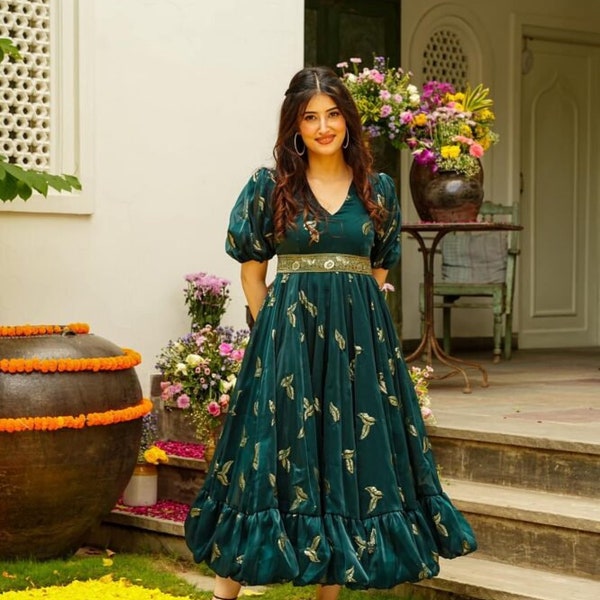 Partywear Full Flaired Gown, Womens Anarkali Gown With Digital Print, Fox Georgette Dress, Attached Belt, Womans Kurti-Kurta Sets Indian.