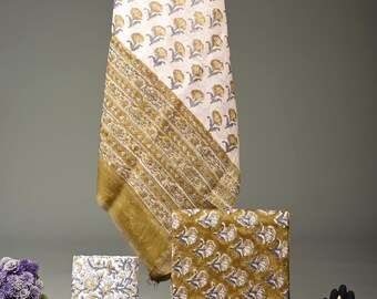 Ungenähte Anzüge mit indischem Handblockdruck für Damen, Anzüge aus reiner Maheshwari-Seide, nicht genähtes Kleidermaterial, dreiteiliger Anzug, jeweils 2,45 mtr