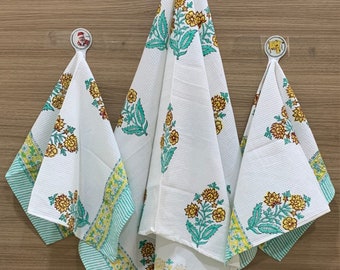 Waffle Cotton Towels, Set of 3 Pcs,  Bath Towel + Hand Towel,  block printed,  kitchen towel, waffle towel set, Pigment Cotton,  Indian Made