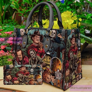 Gepersonaliseerde naam Halloween-horror lederen handtas, horror halloween-portemonnee, damesschoudertas, crossbodytas, tas aan bovenkant handvat, cadeau voor moeder