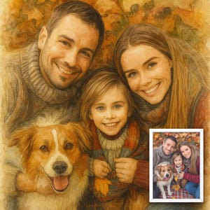 Puede incluir: Retrato en acuarela de una familia con un perro. La familia incluye a un hombre, una mujer y un niño, todos sonriendo. El perro es marrón y blanco. Una imagen enmarcada más pequeña de la familia está en la esquina inferior derecha. El fondo son hojas de otoño.