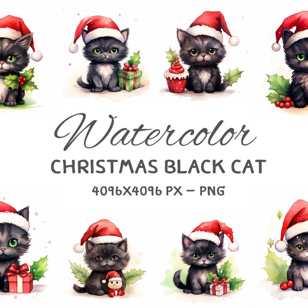 15 Christmas Black cat watercolor painting - Clipart PNG - Christmas clipart - Digital file