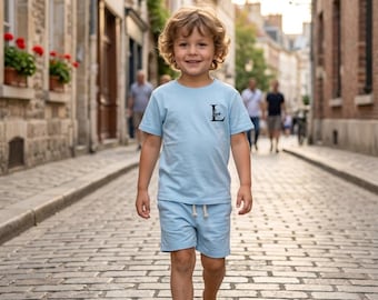 Camiseta personalizada con nombre bordado, regalo para niños, conjunto de verano a juego para bebés y niños pequeños, regalo para niño, conjunto corto personalizado para niños