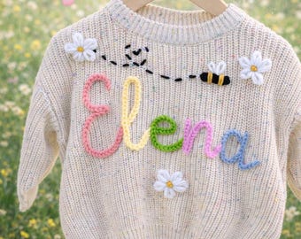 Suéter de punto personalizado para bebé con nombre, jersey bordado a mano para niños, regalo para bebé con nombre personalizado, suéter floral de abeja, regalo para bebé