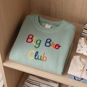 Pode incluir: Uma camisola de manga comprida em verde sálvia com o texto bordado "Big Bro Club" em fio multicolorido. As letras são cosidas em vermelho, amarelo, verde, azul e laranja. A peça tem um decote redondo canelado e uma etiqueta interior branca.
