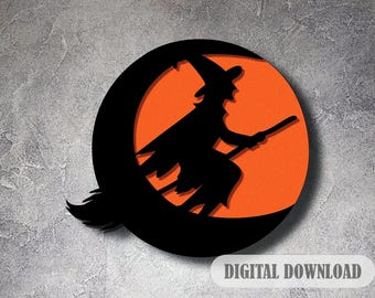 May include: Black silhouette of a witch flying on a broomstick in front of a bright orange moon. The witch is wearing a pointed hat and has long hair.