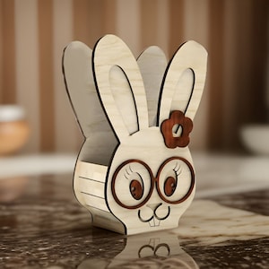 Cesta de Pascua cortada con láser - Cara de conejo, Porta huevos de Pascua svg, Plantilla de decoración, Archivos de descarga digital para madera - Cdr, Dxf, Svg, Ai, Pdf