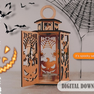 Wycinany laserowo świecznik na świeczkę na Halloween | 2, Lampa z upiorną sceną svg, Szablon dekoracji, Pliki do pobrania cyfrowego - Cdr, Dxf, Svg, Ai, Pdf