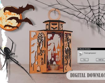 Laser Cut Halloween Tealight Holder: Spooky Scene Lamp (Digital Download)