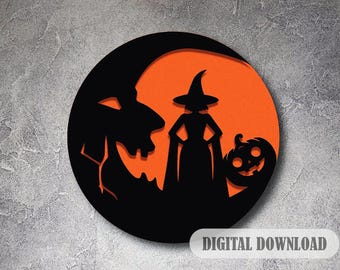 May include: Black silhouette of a witch holding a pumpkin in front of a crescent moon with an orange background.