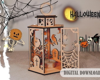 Laser Cut Halloween Tealight Holder: Spooky Scene Lamp (Digital Download)