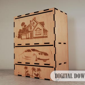 Hucha de madera cortada a láser, caja para ahorrar dinero, caja para efectivo y monedas, plantilla de decoración, archivo de descarga digital: Cdr, Dxf, Svg, Ai, Pdf