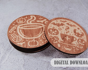 Laser Cut Halloween Coasters: Plywood Tea Cup Decor (Digital Download)