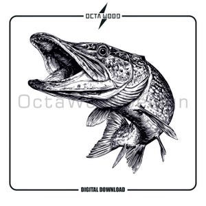 May include: Black and white illustration of a fish with an open mouth, detailed scales, and fins. The image includes the text "Octa Wood" at the top and "Digital Download" at the bottom, all within a black border.