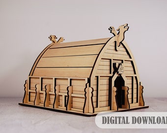 May include: A wooden model of a Viking longhouse with a decorative roof and a door. The model is made of light brown wood and has a detailed design. The model is a digital download.