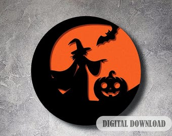 May include: Black and orange Halloween-themed design featuring a witch flying on a crescent moon with a bat and a jack-o'-lantern.