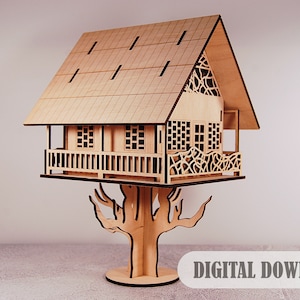 Casa de luz noturna cortada a laser em uma árvore, abajur LED svg, modelo de decoração, arquivos digitais para download - Cdr, Dxf, Svg, Ai, Pdf