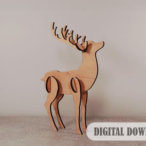 Rompecabezas 3D de madera cortado con láser de ciervo, reno de pie de Navidad svg, plantilla de decoración, archivos de descarga digital: Cdr, Dxf, Svg, Ai, Pdf
