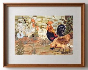 Vintage art print 'Coqs et Poules' by Maurice Verneuil, Chicken wall art, Chicken decor, Colourful chicken wall decor, Farmyard animal art