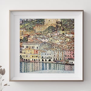 Sztuka vintage „Malcesine am Gardasee” Gustava Klimta, Sztuka ścienna, Sztuka przedstawiająca włoskie jezioro, Prezent urodzinowy/rocznicowy, Sztuka Włoch