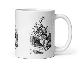 White glossy mug, Vintage art ‘White Rabbit’ Alice’s Adventures in Wonderland, Coffee and Tea mugs, Birthday gift, Black and white art
