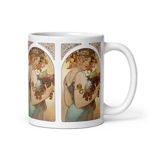 White glossy mug, Vintage art ‘Fruit&#39; by Alphonse Mucha, Coffee Mug, Tea Mug, Birthday/Anniversary/Teacher gift, Art nouveau coffee mug