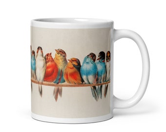 White glossy mug, Vintage art 'A perch of birds' by Hector Giacomelli, Coffee mug, Tea, mug, Gift for bird lovers, Bird mug,