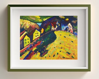 May include: An abstract landscape painting in a green frame. The artwork features colorful houses on a yellow hill, with blue and green trees and a dark blue sky. The style is reminiscent of expressionism.