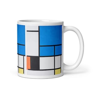 White glossy mug, Vintage abstract art ‘Large Blue Plane’ by Piet Mondrian, Coffee Mug, Tea Mug, Birthday gift, Line and square art