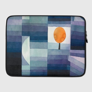 May include: Abstract watercolor painting of a landscape with a single orange tree in the center. The background is a series of blue, purple, and gray rectangles.