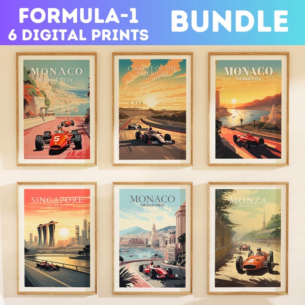 Formula 1 Posters *BUNDLE*| Set of 6 Retro Travel Poster | Boyfriend gift | Monaco Singapore Monza | Vintage Digital Poster | F1 Prints