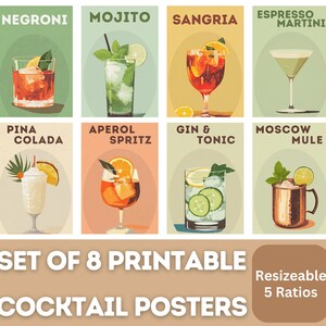 8 carteles de cócteles *BUNDLE*/ Impresiones de carritos de bar retro / Arte de pared con alcohol / Conjunto de galería imprimible / Conjunto de descarga digital vintage / Negroni
