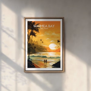 May include: A vintage travel poster with a sunset scene of Waimea Bay, Oahu, Hawaii. The poster features palm trees, a beach, and two people walking on the sand. The text "Waimea Bay, Oahu, Hawaii" is printed in white on a yellow background.