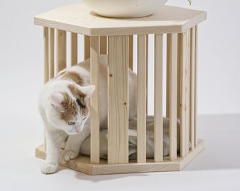 Niche pour chat 2 en 1 + table de chevet, lit pour chat en bois minimaliste avec un oreiller, meubles polyvalents, table basse, support de livre, cadeau pour les propriétaires de chat