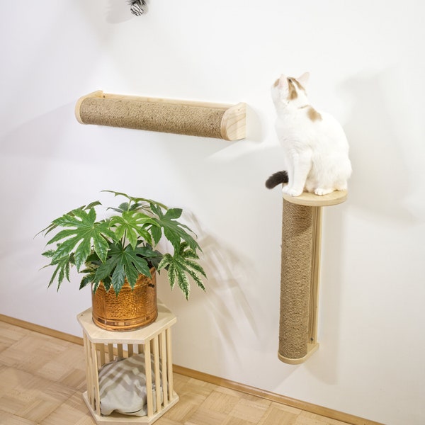 Set of cat scratching post with shelf & bridge - Sisal / Jute nail scratcher - Cat pole - Bridge for jumping along the wall  - Cat play