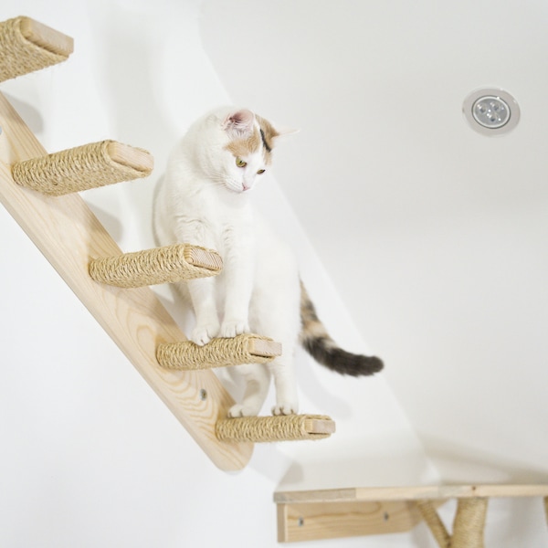 5 Steps Cat Stairs with Jute & Sisal Rope, Solid Spruce Wood Wall Mounted Cat Ladder Great for Scratching and Climbing, Indoor Cat Stairway
