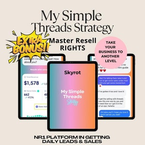 Op de afbeelding: Een roze en blauw telefoonscherm met een marketingstrategie voor een bedrijf genaamd "Skyrot". Het scherm toont een screenshot van een telefoon-app met de tekst "My Simple Threads Strategy" en een grafiek die een toename van inkomsten en winkelbezoeken laat zien. De tekst "Take Your Business To Another Level" wordt ook op het scherm weergegeven.