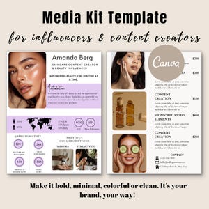 Könnte beinhalten: Eine violette und weiße Media-Kit-Vorlage für Influencer und Content-Ersteller. Die Vorlage zeigt ein Foto einer Frau vor einem rosa Hintergrund und eine Weltkarte mit Prozentangaben. Die Vorlage enthält auch einen Abschnitt für frühere Kooperationen mit Marken wie Sephora und IT Beauty. Die Vorlage enthält außerdem einen Abschnitt für Social-Media-Statistiken, darunter Follower der Bild-App, Video-Abonnenten, monatliche Interaktionen und Videoaufrufe.
