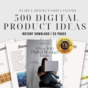 Può includere: Una guida di idee per prodotti digitali con una copertina gialla e nera che mostra una donna che lavora su un laptop. Il testo della copertina recita "Oltre 500 idee per prodotti digitali" e "Vendere su Etsy per un reddito passivo". La guida include 23 pagine di idee per prodotti digitali da vendere su Etsy.