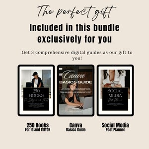 May include: Digital bundle featuring three guides: "250 Hooks for IG and TikTok," "Canva Basics Guide," and "Social Media Post Planner." Each guide is displayed on a tablet screen with a black border. The text "The perfect gift" is at the top.