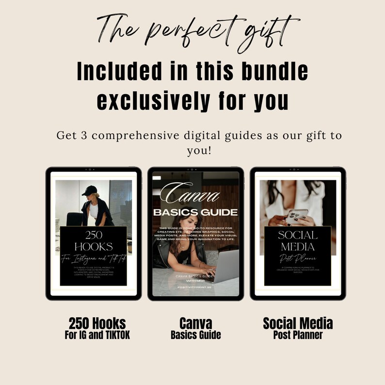 May include: Digital bundle featuring three guides: "250 Hooks for IG and TikTok," "Canva Basics Guide," and "Social Media Post Planner." Each guide is displayed on a tablet screen with a black border. The text "The perfect gift" is at the top.