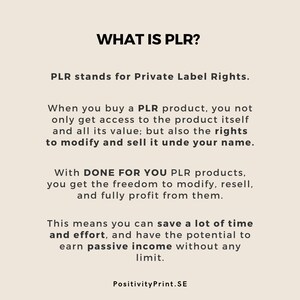 May include: Cream-colored graphic with the text "WHAT IS PLR?" and explanations about Private Label Rights. The text describes the benefits of PLR products, including the ability to modify and resell them.
