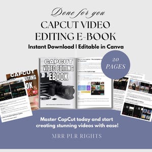 Puede incluir: Una portada de producto digital para un libro electrónico titulado "CapCut Video Editing eBook". La portada presenta una cámara y un libro con el título del libro electrónico. El texto "20 Páginas" está en un círculo en el lado derecho de la imagen. El texto "Domina CapCut hoy y comienza a crear videos impresionantes con facilidad!" está debajo de la portada. El texto "MRR PLR Rights" está debajo del texto anterior.