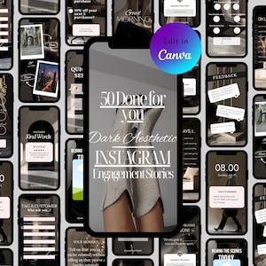 Puede incluir: Una colección de 50 plantillas de historias de Instagram estéticas oscuras para el compromiso. El texto "50 Done for You" se muestra en blanco sobre un fondo gris. La imagen presenta un par de botas de cuero marrón con un diseño blanco.